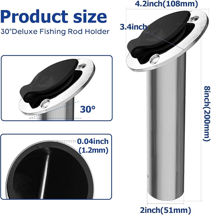 Fishing Rod Holder 2 Pack, 316 Stainless Steel 15/30/90 Degree Rod Holders for Fishing Boat, Flush Mount with Cap, Heavy Duty
