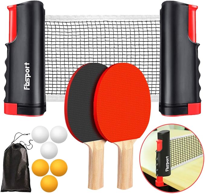FBSPORT Ping Pong Paddle Set, Portable Table Tennis Set with Retractable Net,Rackets,Balls and Carry Bag for Indoor/Outdoor Games