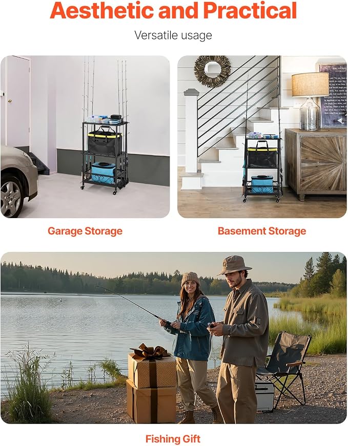 VEVOR Fishing Rod Holder for 10-Rods, Mobile Fishing Pole Rack Cart with Wheels, Fish Gear Equipment Organizer for Garage Home Indoor Use, for Tackle Box Reel Accessories Storage, Gifts for Men