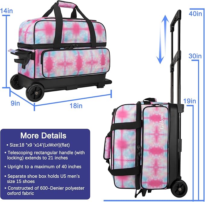 Goloni Double Roller 2 Ball Bowling Bag with Separate Shoe Compartment,2 Ball Bowling Bag with Wheels,Retractable Handle Extends to 40"