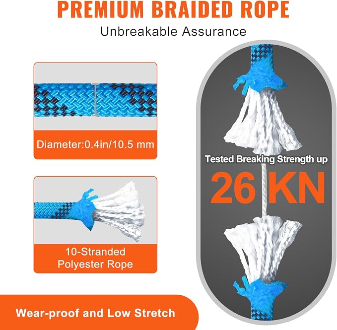 VEVOR Static Climbing Rope, 32 ft Outdoor Rock Climbing Rope with 26KN Breaking Tension, 0.4'' /10 mm High Strength Safety Rope, Escape Rope with 2pcs Carabiner and Storage Bag