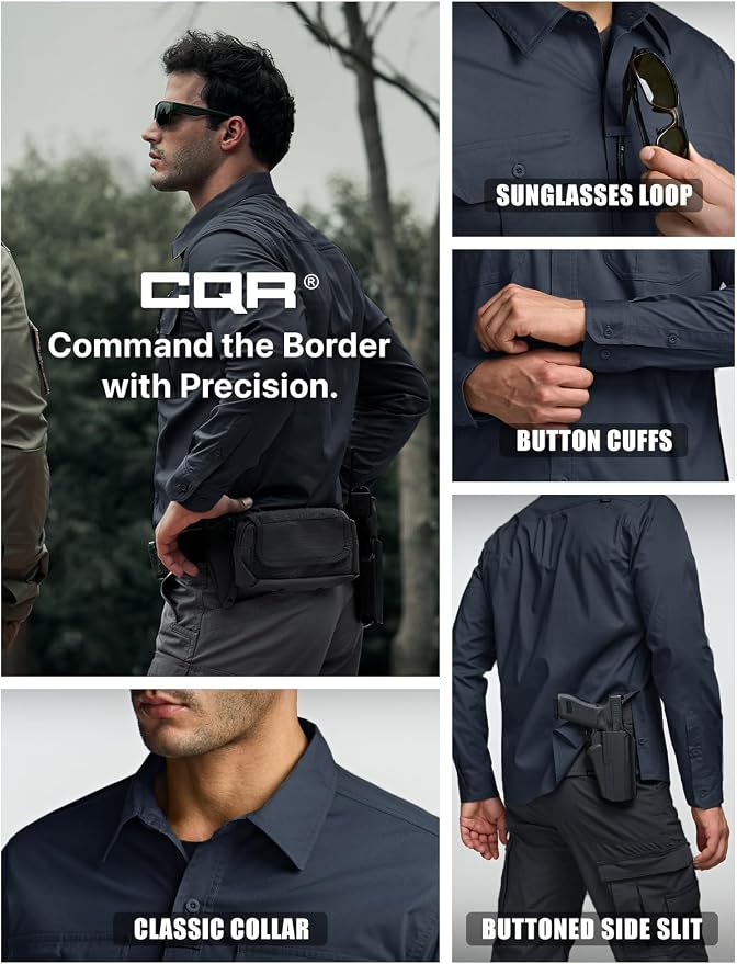 CQR Men's Long Sleeve Tactical Shirts, Ripstop Military Work Shirts, UPF 50+ Breathable Button Down Outdoor Hiking Shirt