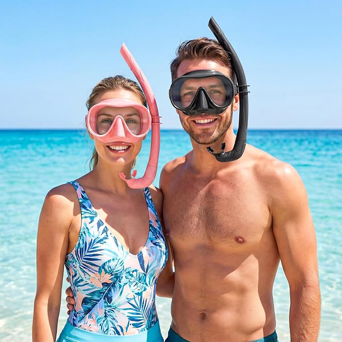 Snorkeling Gear for Adults, Snorkel Set Adult, Scuba Diving Mask, Panoramic View Anti-Leak Anti-Fog Dive Swimming Goggles Tempered Glass Panoramic Wide View Travel Portable Foldable
