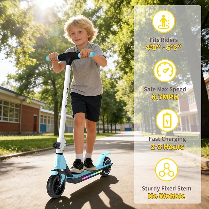 SIMATE Electric Scooter for Kids 6-14, Colorful Lights & Double Brake System, Aluminum Alloy Frame, Foldable, LED Display, for Boys Girls