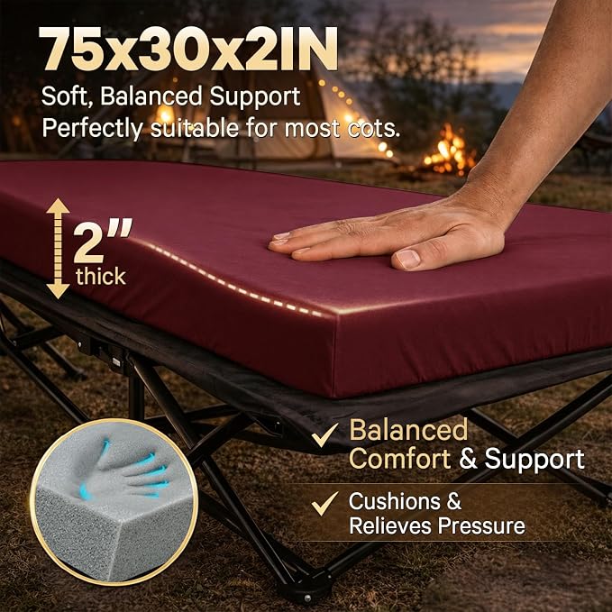 CYMULA Camping Cot Pad 2 Inch Memory Foam, Camping Pad for Folding Cot and Foldable Cot, Portable Roll Up Camp Gear for Car Camping Travel Tent, Non-Slip Waterproof Bottom, Removable Cover, Pad Only