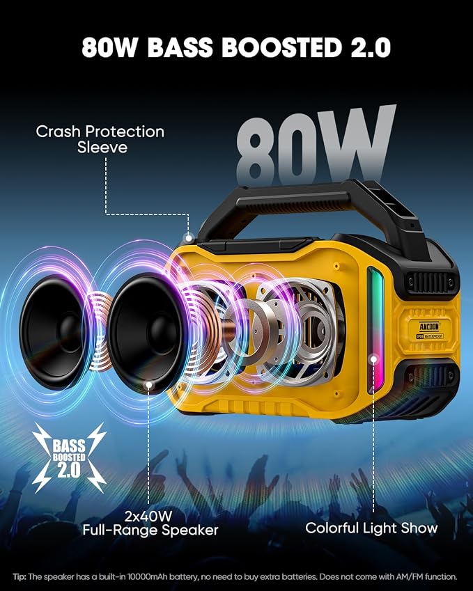 ANCOON Speakers Bluetooth Wireless: 80W(Peak) Loud Speaker with Bass, 20H Playtime, IPX6 Waterproof, Large Jobsite Speakers for Work, Outdoor, Workshop, Garage, Portable Speaker with TWS (Yellow)