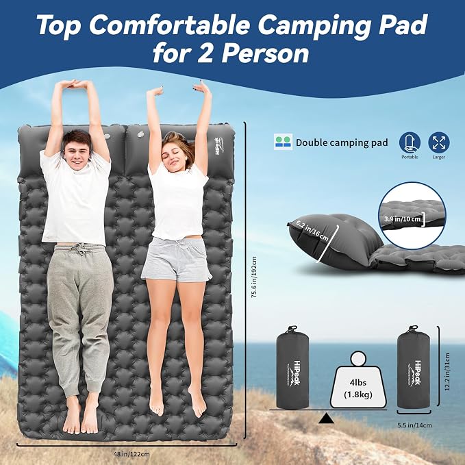 HiiPeak Double Sleeping Pad - Self Inflating 3" Extra-Thick for 2 Person with Pillow Built-in Foot Pump Inflatable Sleeping Mat for Backpacking, Hiking, Traveling, Tent, Portable Camping Mat (Gray)