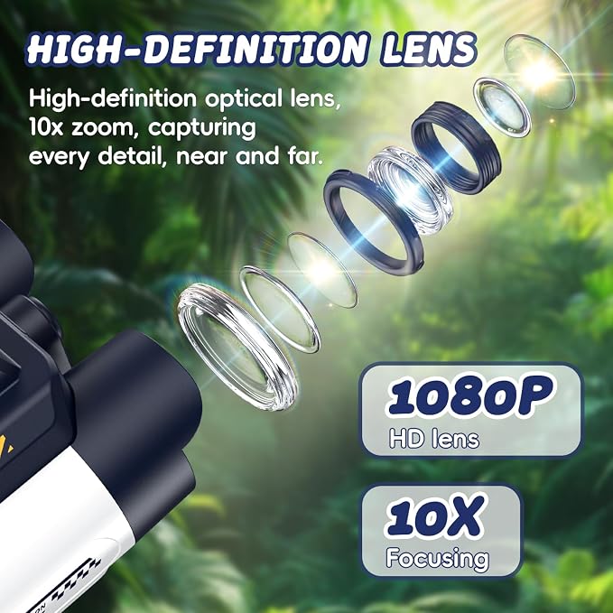 Binoculars for Kids with Night Vision, 2.4" HD Screen & 10X Zoom for Photo and Video - Outdoor Adventure Binoculars Bird Watching, Camping, Hiking, Gifts for Kids Ages 4+ (White)