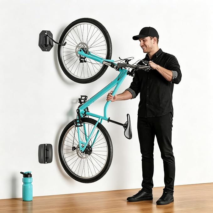 PEGZONE Swivel Bike Wall Mount, Heavy Duty Vertical Bike Rack with Fixed Hooks for Garage Storage, Wall Mounted Bicycle Hangers Holds up to 77 lbs for Indoor, 4 Pack