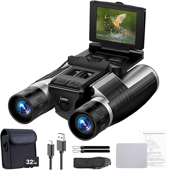 2.4" LCD Digital Binoculars with Camera for Adults, 12x32 Video Photo Recoder 48MP 2.5K for Bird Watching Hunting Concerts and Sports Game with 32GB Cards