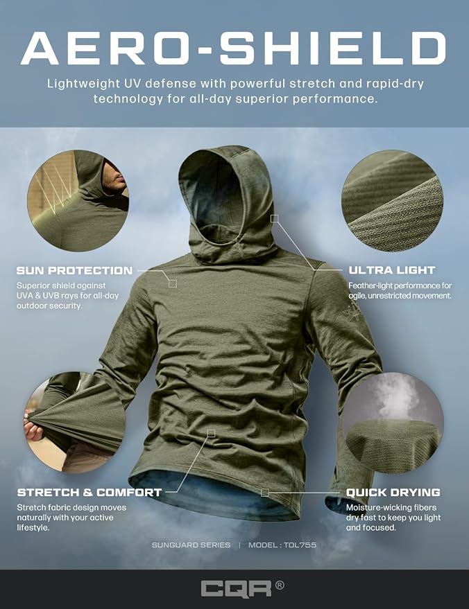 CQR Men's UPF 50+ Sun Protection Long Sleeve Quick Dry Athletic Shirts, Stretch Running Workout Hiking T-Shirts