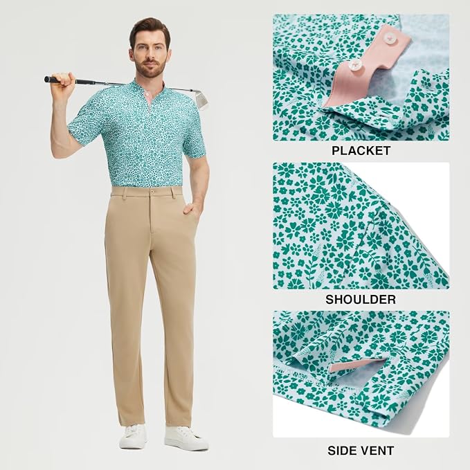 M MAELREG Golf Shirts for Men Collarless Performance Dry Fit Stretch Henley Casual Printed Mens Polo Shirts Short Sleeve