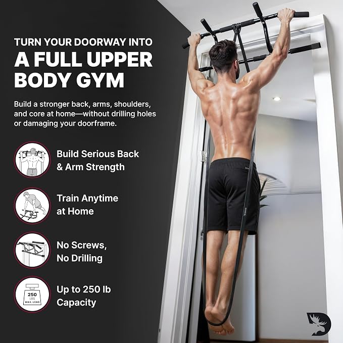 DMoose Fitness Pull Up Bar for Doorway - Upto 250 Lbs Capacity, No Screwing or Slipping, Hanging Pullup & Chin Up Bar for Door Frame - Multi Padded Grips for Strength Training with Installation Guide