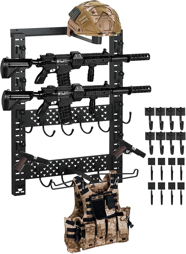 SUNPIE Horizontal Gun Rack Mount 25''W by 35''H, Heavy Duty Steel, Keeps 80lb, Indoor Tools Tactical Guns Racks Set with Helmet Hook and Upgrade Tactical Hanger, Black
