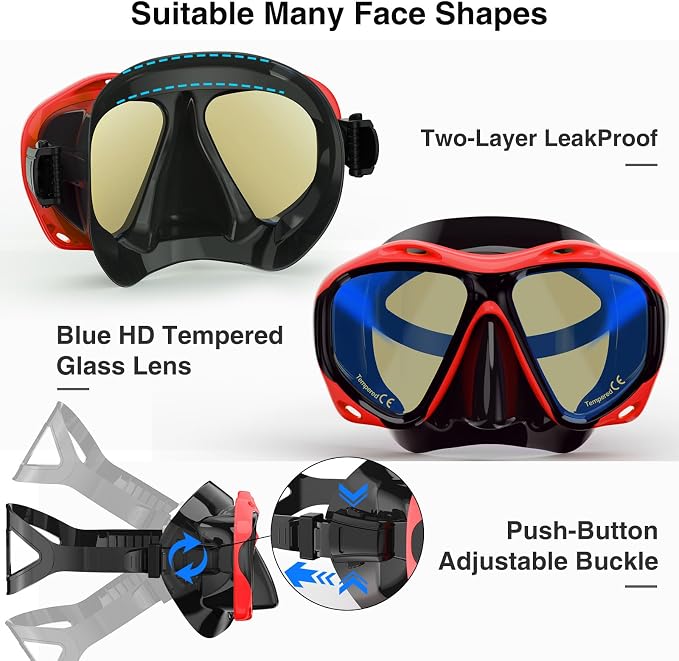 Snorkeling Gear for Adults, Snorkel Mask With Mirrored Tempered Glass Lens 180° Wide View Anti-Fog Scuba Diving Mask, Professional Snorkel Set for Swimming Diving, Gifts for Women Mom Men Dad