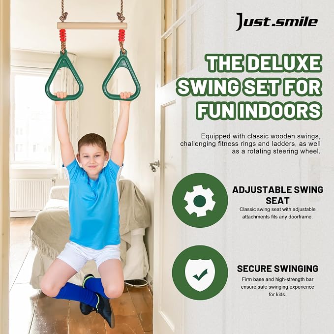 Doorway Swing mount for Kids & Door Pull Up Bar for Adults, Indoor Kid Swing with 4 Accessories, Multi-Function Doorway Gym, Fits Door Frame 24.41-30.51'' W x 3.94-6.69'' Thickness (Dark green)