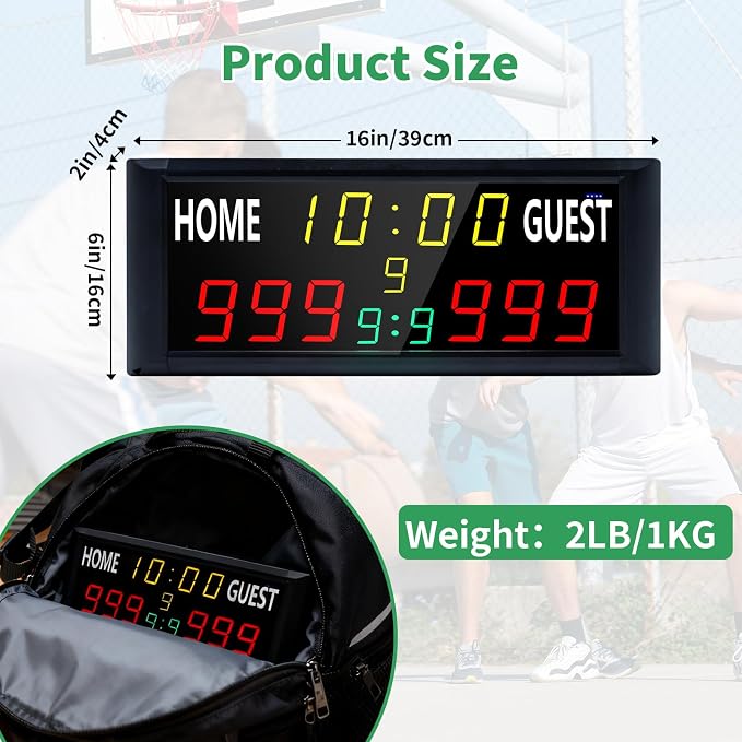 YZ 16” Large Electronic Scoreboard with Remote, Bright LED Scoreboard for Outdoor Games, Digital Scoreboard with Timer Clock, Portable Score Keeper for Football/Basketball/Cornhole/Volleyball
