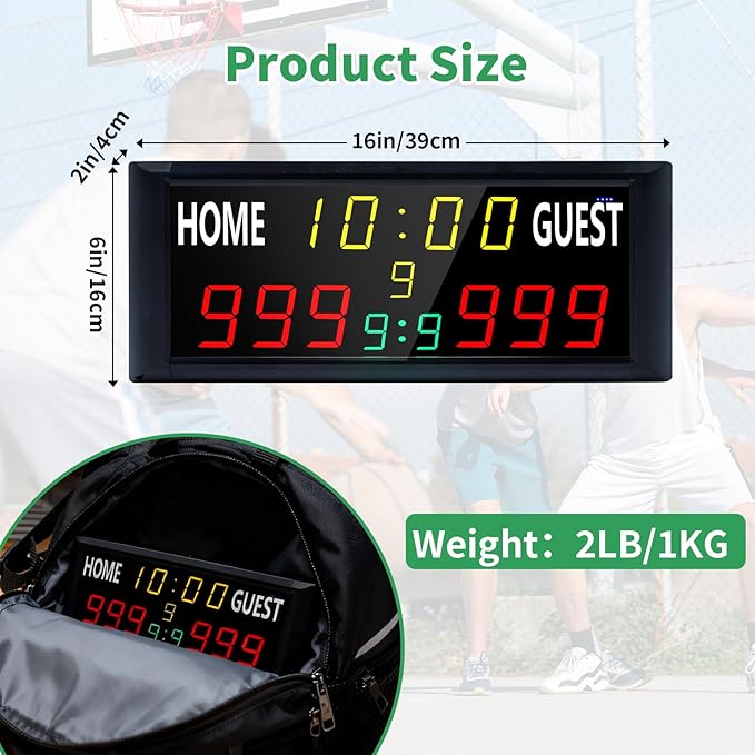 YZ 16” Large Electronic Scoreboard with Remote, Bright LED Scoreboard for Outdoor Games, Digital Scoreboard with Timer Clock, Portable Score Keeper for Football/Basketball/Cornhole/Volleyball