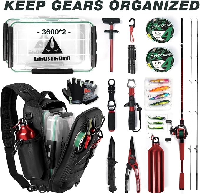 Ghosthorn Fishing Backpack with Tackle Boxes Fish Lip Gripper Pliers Lures Waterproof Tackle Bag with Rod Holder Fishing Gear