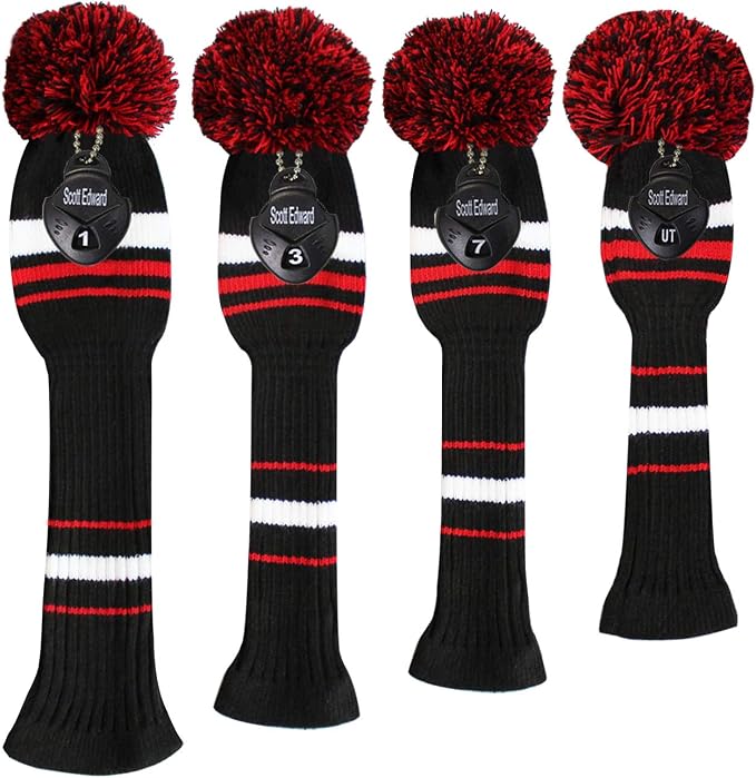 Scott Edward Golf Club Head Covers Set of 4, Acrylic Yarn Double-Layers Knitted, with Rotatable Number Tags