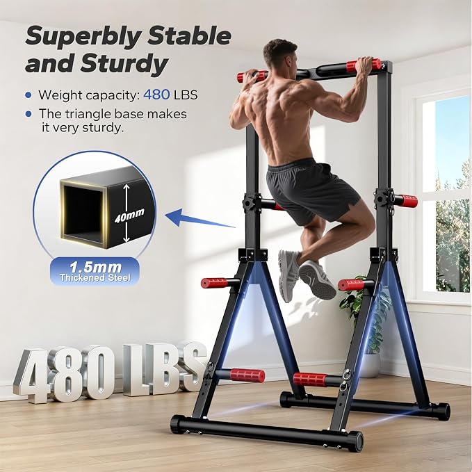Foldable Pull Up Bar Free Standing, Strength Training Pull-up Bars Adjustable Pull Up Station, Power Tower Pull Up Bar MultiFunction Pull Up Dip Station Workout Equipment For Home Gym Support 480 LBS