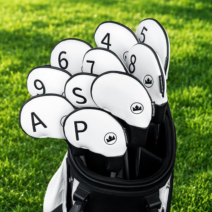 Craftsman Golf Premium PU Leather White and Black Iron Head Covers Set of 10 with Embroidered Club No. (4-9, PW, AW, SW, Blank) Soft Protective Lining Secure Fit Gift for Men Women