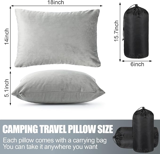 SmoothNovelty 2 Pack Camping Pillow for Sleeping Shredded Memory Foam Travel Pillow with Storage Bag, Compressible Portable Pillow for Outdoor Camp Backpacking Hiking Essential Gear(Grey,Medium)