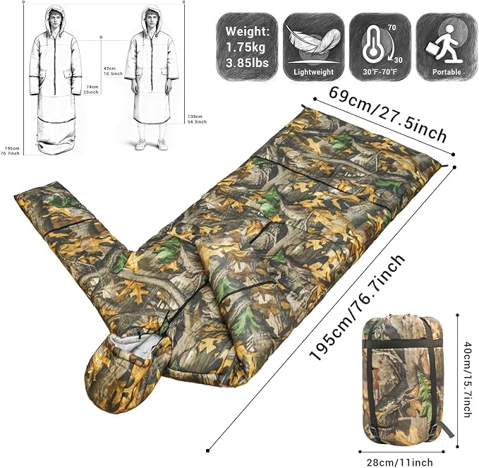 Wearable Sleeping Bag Adult Outdoor & Indoor Sleeping Bags Applicable Temperature 25℉-50℉ Designed for Camping, Hiking, Backpacking, and Other Outdoor Adventures