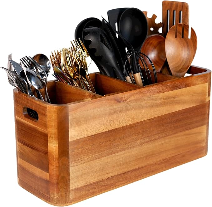 Wooden Kitchen Utensil Holder Organizer for Counter or Countertop, Large Wooden Utensil Holder for Storage Cooking and Silverware with 4 Compartment, Acacia Rustic Wood Container Extra Large