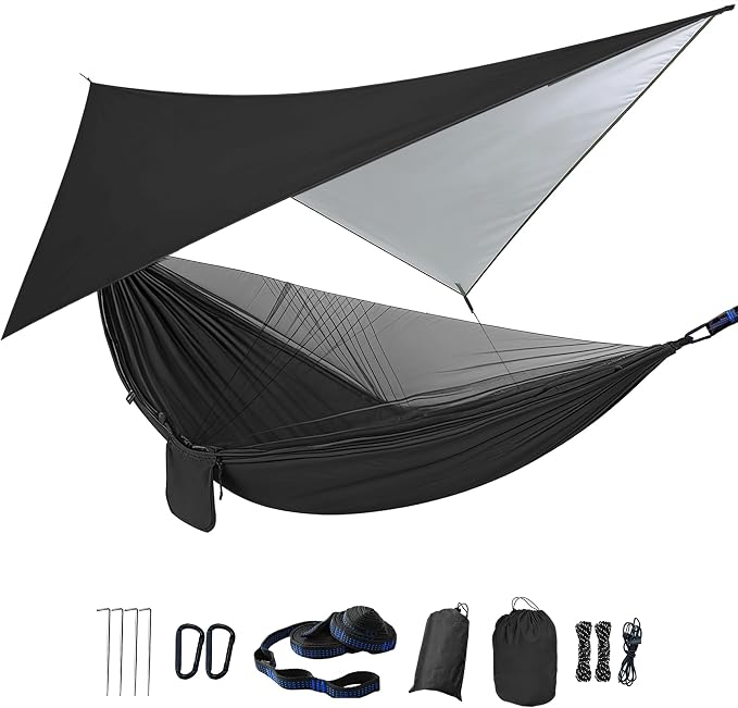 Camping Hammock with Rain Fly Tarp Mosquito Net Heavy Duty Tree Straps Portable Double Parachute Hammocks Tent Waterproof Rainfly Set