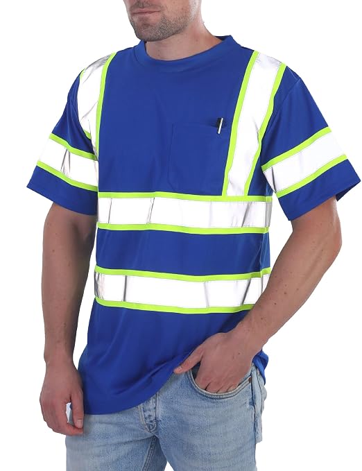 sesafety High Visibility Shirts for Mens Class 3 Hi Vis Reflective Construction Shirts for Men with Pocket Safety T Shirts for Men Work Shirt for Mens Short Sleeve Blue Yellow Strips 4XL