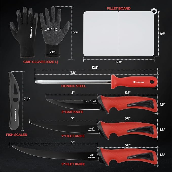 KastKing Intimidator Fillet Knife Set,Fishing Gear and Gifts for Men,8pcs | G4116 German Stainless-Steel Blades, Complete Fishing Fillet Kit with Accessories, Ergo Non-Slip Handle, Fishing gear