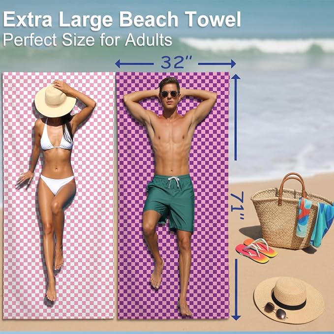2 Pcs Microfiber Beach Towel Sand Free Sandproof Quick Dry Oversized Lightweight Retro Geometric Pink White Checkered Pattern Travel Pool Yoga Bath Blanket Accessories 71 x 32 Inches