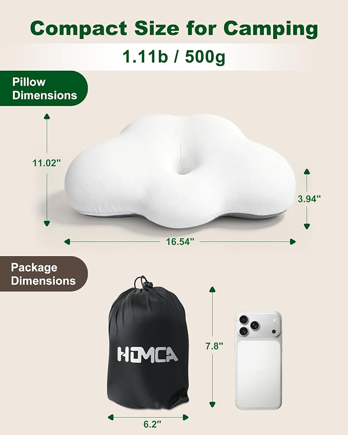 HOMCA Memory Foam Camping Pillow，Small Travel Pillow for Camping, Backing Hiking & Car, Portable Ergonomic Pillow with Removable Pillow(White)