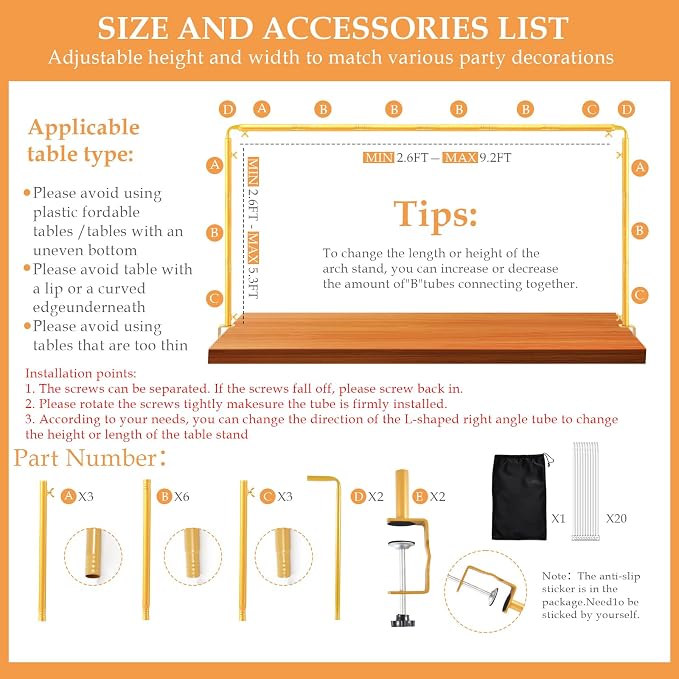Over The Table Rod Stand with Clamps Adjustable 31"-110'' Length 31"-64" Height Gold Table Balloon Arch Stand with Storage Bag, Metal Decorating Rod Hanging