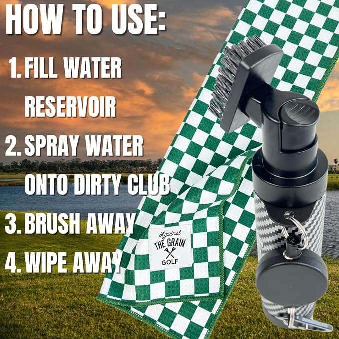 Against The Grain Golf Club Cleaning Kit - Includes Water Golf Club Brush & Microfiber Golf Towel (12"x20") Perfect Golf Bag Accessories for Men & Women Golf Gifts for Men
