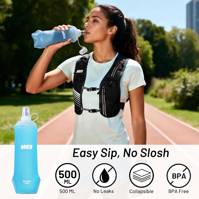 MIER Running Vest for Women Men, Lightweight Breathable Hydration Vest with 500ml Soft Flask Reflective Hydration Backpack for Marathon Cycling Hiking Jogging