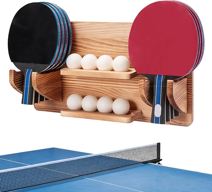 Ping Pong Paddle Storage Rack, Ping Pong Accessories Organizer Wall-Mount for 6 Paddles, 6 Pickleball Paddles and Balls, Pine Wood Table Tennis Racket Display for Game Room Bar Office Home