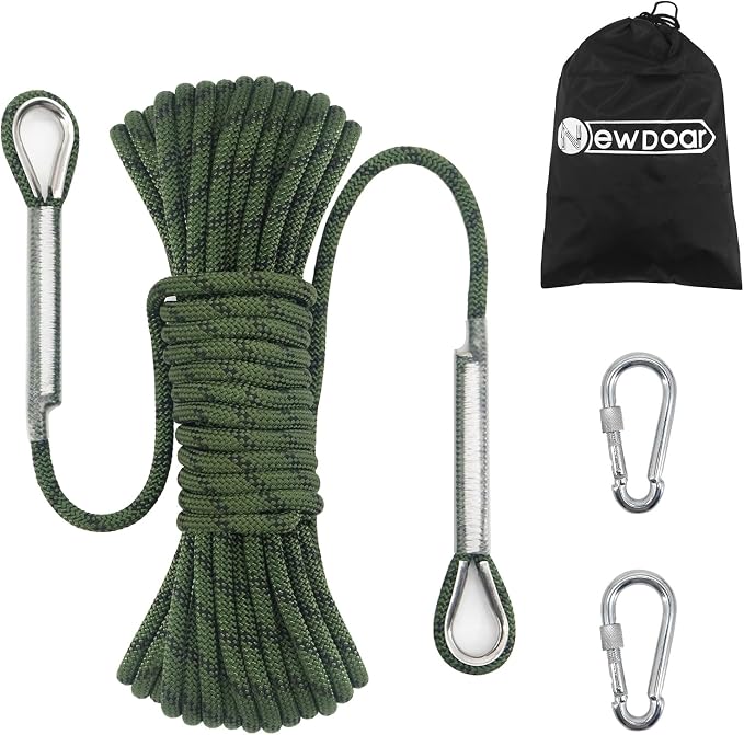 NewDoar 14KN Static Climbing Rope 8mm(5/16in) Accessory Cord Equipment 33FT(10M) 66FT(20M) 98FT(30M) 165FT(50M) Escape Rope with 2 Carabiners for Ice Climbing Equipment Fire Rescue Rope-Green/20M
