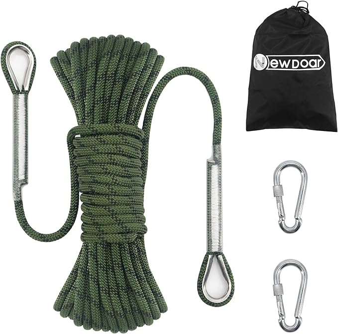 NewDoar 14KN Static Climbing Rope 8mm(5/16in) Accessory Cord Equipment 33FT(10M) 66FT(20M) 98FT(30M) 165FT(50M) Escape Rope with 2 Carabiners for Ice Climbing Equipment Fire Rescue Rope-Green/30M