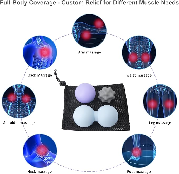 JIEJUNJI Massage Balls Set for Deep Tissue Muscle Relief, Trigger Point & Myofascial Release, Full Body Use for Back, Neck, Shoulder, Foot & Hip (Peanut Ball Set)