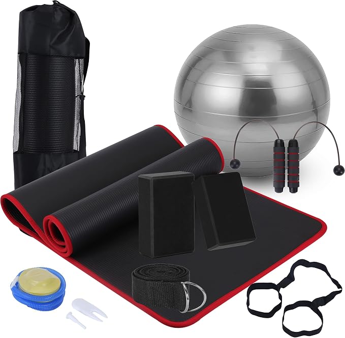 Yoga Mat Set for Beginners,Yoga Mat with Carrying Strap,Yoga Blocks 2 Pack with Yoga Strap,Yoga Ball,Ankle Puller,11-Piece Yoga Kits and Sets for Beginners,Yoga Starter Kit for Women Men