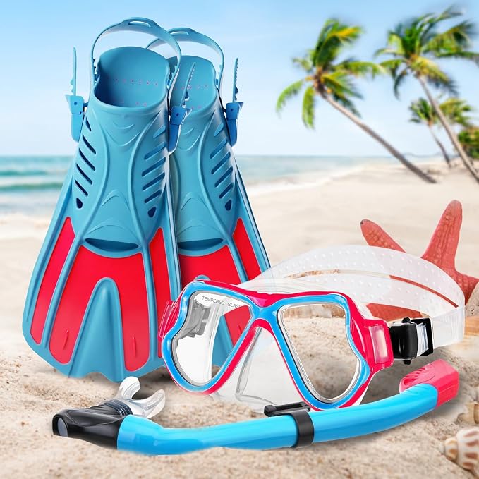 Snorkeling Gear for Kids, 4 in 1 Child Mask Fins Snorkel Set with Panoramic View Anti Fog Mask, Dry Top Snorkel, Trek Fins and Travel Bag, Kids Snorkeling Set with Fins for Snorkeling Swimming