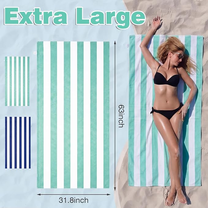 2 Pcs 2-in-1 Stripe Beach Towel Backpack, 31.5 x 63 Foldable Lightweight Microfiber Towel Bag Quick Dry Sand-Resistant Towels for Pool Camping Yoga Travel (Dark Blue,Green)