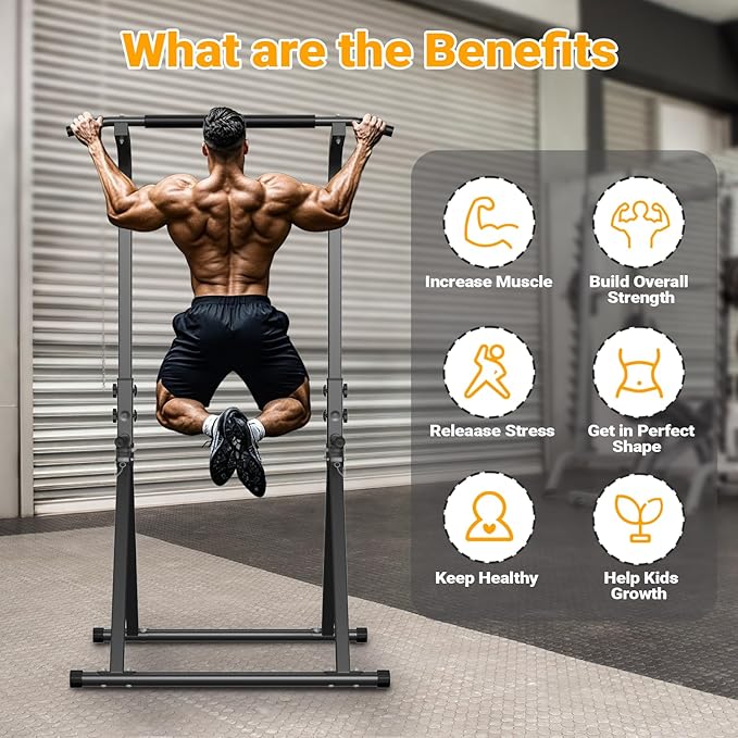YYJO Foldable Pull Up Bar Free Standing Multi-function Power Tower Dip Bar with Assistance Bands Home Gym Strength Training Equipment