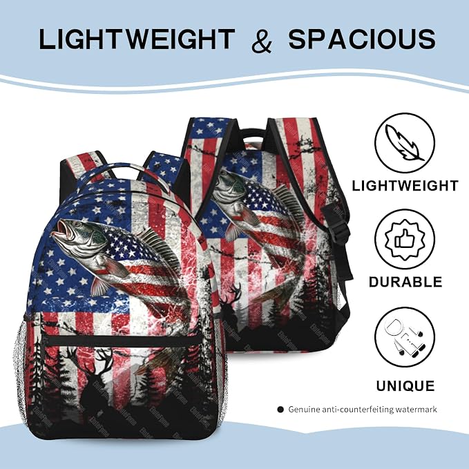 School Backpack Boys Bass Fish American Flag Backpack for Kids Children Elementary Middle School Backpacks Fishing Bookbag Travel Back Pack for Age 6-18
