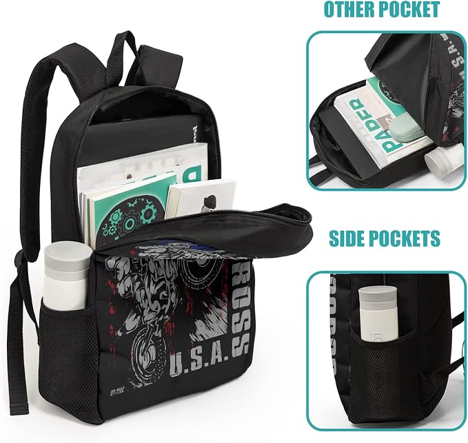 Giwawa Motocross Vehicle Teens School Backpack Set American Flag Canvas Girls Boys School Bags Travel Bookbags 3 in 1