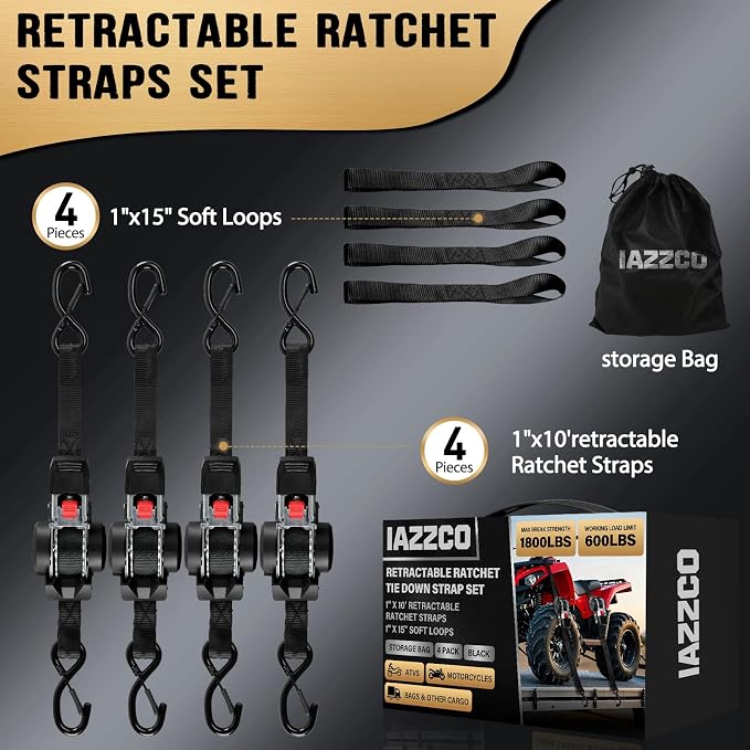 Retractable Ratchet Straps (4-Pack) - 1 Inch x 10 Ft (1800 LB Break Strength) Heavy Duty Polyester with Soft Loops & Storage Bag for Household, Motorcycle, Truck, ATV (Black)