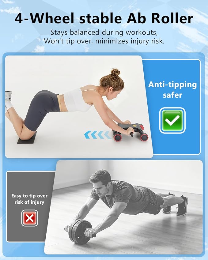 Ab Roller Wheel, Ab Roller, Upgraded Automatic Rebound Ab Roller with Elbow Support, Knee Mat & Timer, 4 Wheels Ab Workout Equipment for Core Strength Training, Silent Ab Wheel for Beginners Men Women Home Gym Fitness