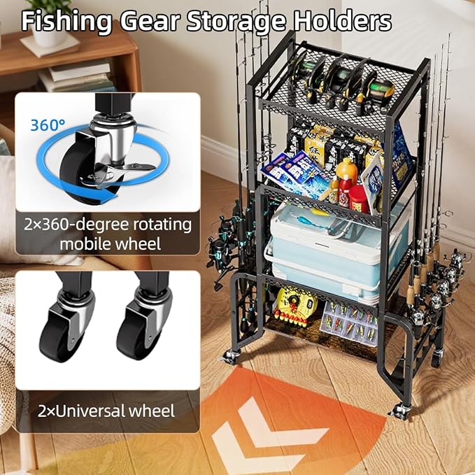 Fishing Gear Storage Fishing Pole Holders for Garage- Rod Holder up to 10 Rods with Wheels and 4 layer of large capacity Shelf，Fishing Organizer for Large Tackle Box -Fishing Gear Storage